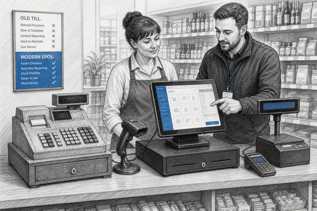 Pencil and ink illustration of modern EPOS hardware replacing a basic till in a UK retail shop.