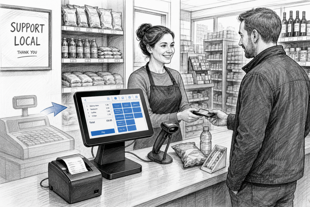 Black-and-white illustration of a UK retailer upgrading from a basic till to a modern touchscreen EPOS system