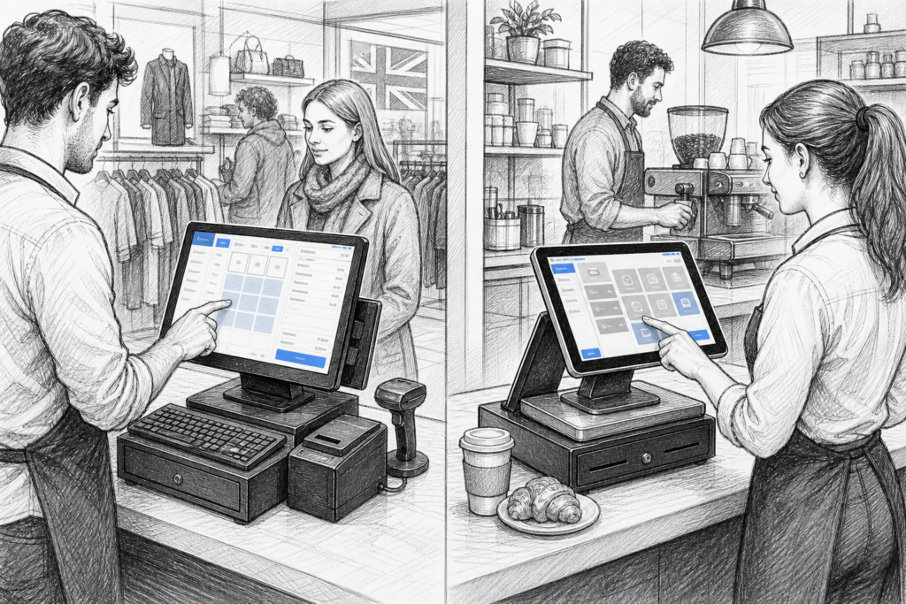 Illustration of Windows POS vs Android POS terminals in a UK retail and hospitality setting for an EPOS comparison article.