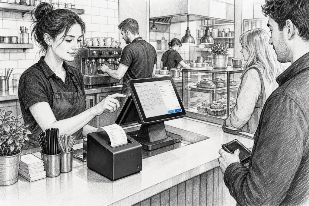 Black-and-white illustration of a receipt printer and touchscreen EPOS terminal in a UK retail and hospitality setting, with subtle YCR branding accents.