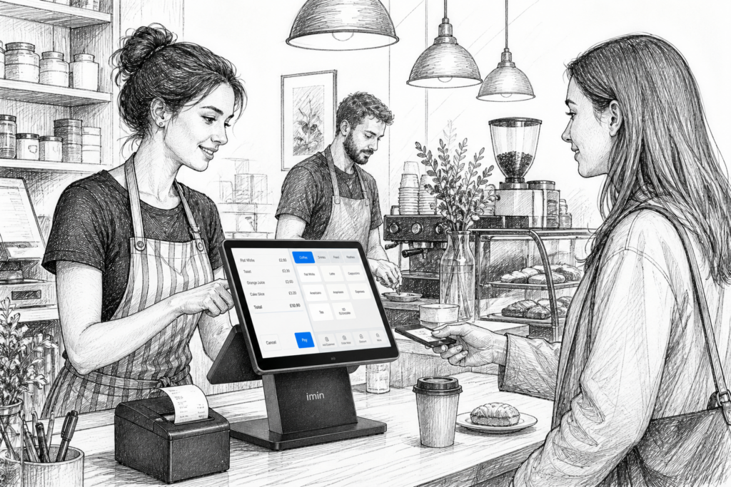 Black-and-white illustration of an iMin Android touchscreen POS terminal in a modern UK café or retail counter.
