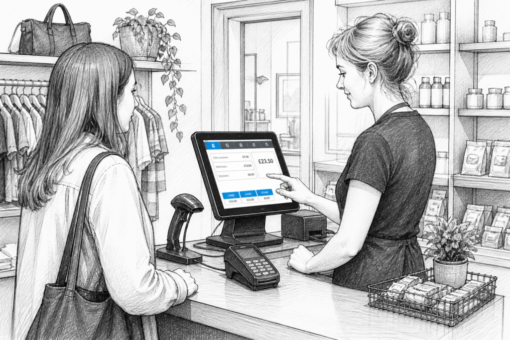 Black-and-white illustration of a UK retail checkout upgrading to a touchscreen POS terminal