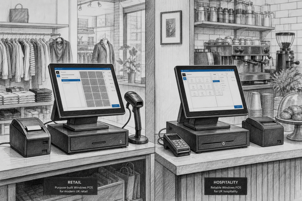 Illustration of Windows POS terminals in a UK retail and hospitality setting