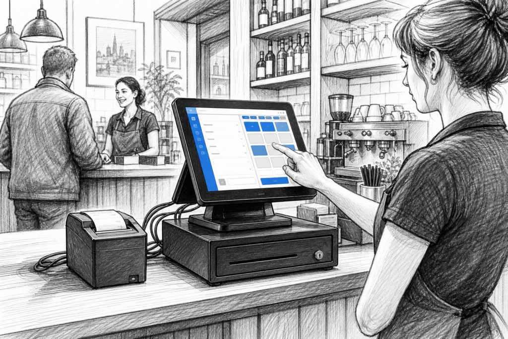 Black-and-white illustration of a Windows POS terminal in a UK retail and hospitality checkout setup for EPOS use.