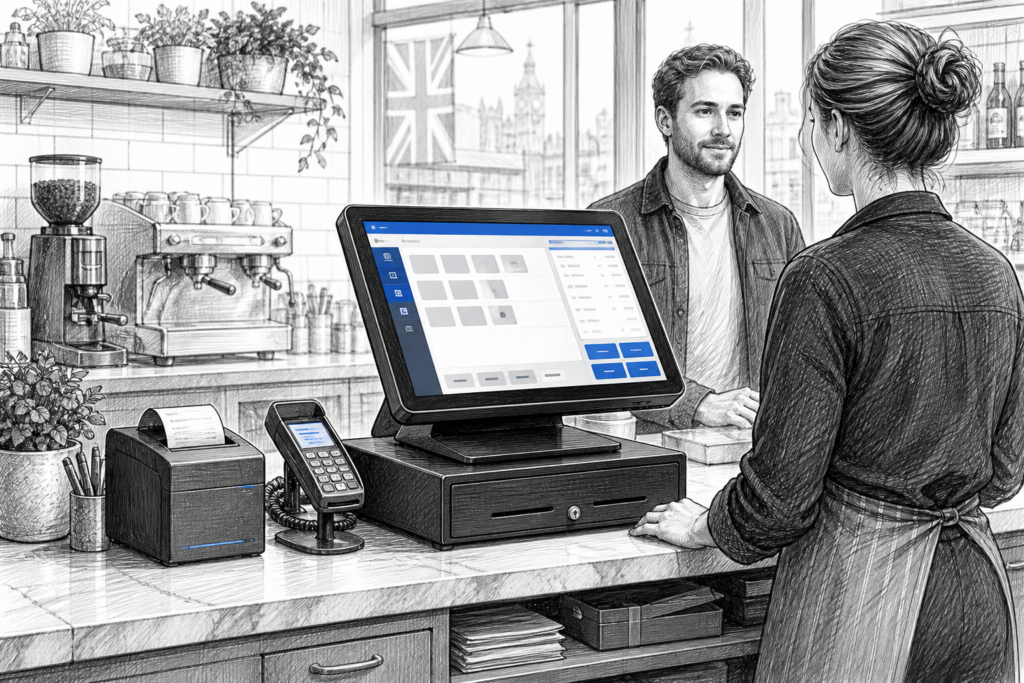Black-and-white illustration of a Windows POS terminal in a UK retail or hospitality checkout setting, with subtle YCR blue screen accents.