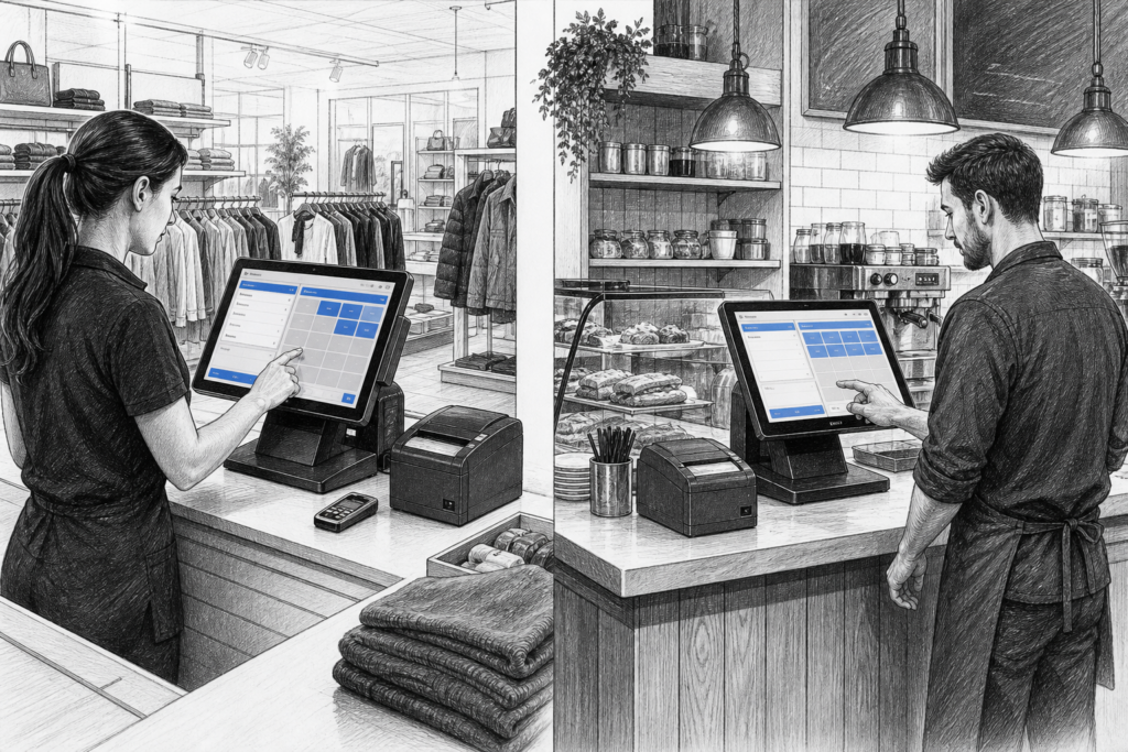 Illustration of Windows POS terminals used in a UK retail checkout and hospitality counter environment.