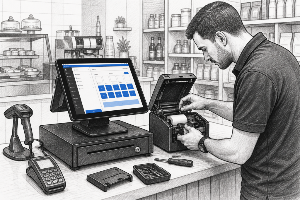 Black-and-white illustration of serviceable POS hardware being maintained in a UK retail or hospitality checkout setting.