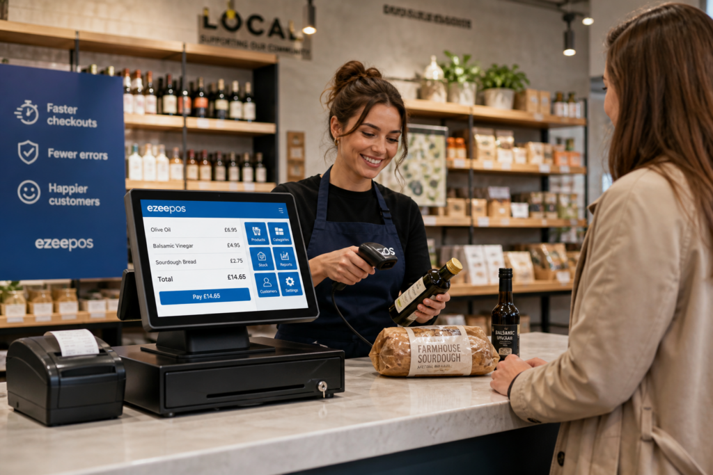 Barcode Scanning for Faster Retail Checkouts, a photorealistic commercial photography style image of a modern UK independent retail shop counter during a busy but calm checkout moment, with a friendly staff member scanning products with a barcode scanner beside a clean touchscreen EPOS terminal, receipt printer and cash drawer, a customer waiting with items on the counter, subtle blue brand accents on the till interface and signage, realistic product shelves softly blurred in the background, natural warm lighting, shallow depth of field, premium but realistic composition, clean counter area, technology clearly in focus, professional blog hero image suitable for ezeepos, illustrating faster retail checkout speed and reduced till errors in a real shop environment