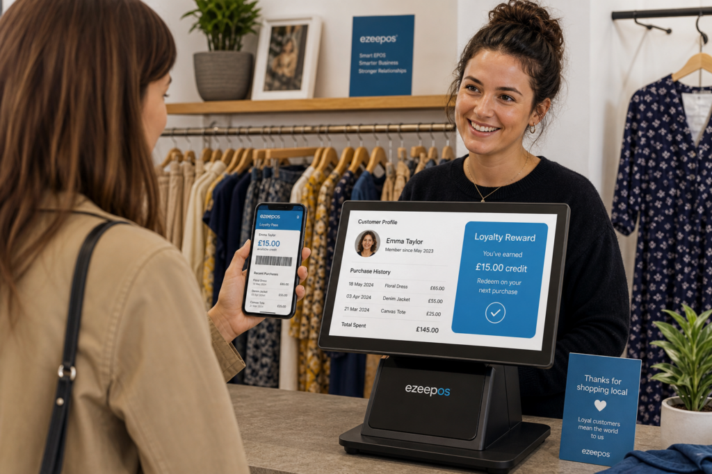 Why Customer Loyalty Still Matters for Independent Fashion and Clothing Shops, photorealistic commercial photography style of a warm, modern UK independent clothing shop counter with a smart touchscreen POS terminal showing a customer profile and loyalty reward screen, a friendly shop assistant serving a returning customer who is holding a smartphone with a digital loyalty pass and recent purchase history visible, neatly displayed clothing rails in the softly blurred background, subtle blue brand accents on the POS interface and small signage, clean counter area, natural lighting, shallow depth of field, premium but realistic composition, professional marketing-style blog hero image for ezeepos, focused on how EPOS supports repeat visits and personal service in fashion retail