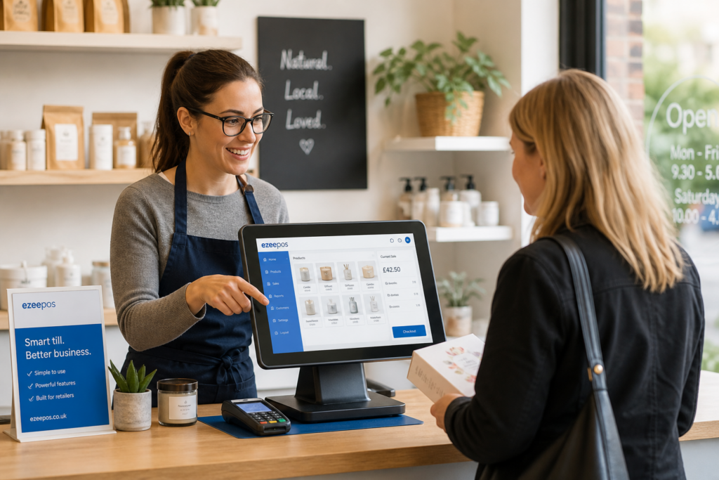 Choosing the Right Touchscreen Till for a Small UK Retail Business, photorealistic commercial photography style of a clean, modern independent UK shop counter with a touchscreen POS terminal clearly visible, a small retail assistant serving a customer, tidy counter space, product displays in soft focus, subtle blue brand accents on the screen interface and nearby signage, natural daylight, shallow depth of field, premium but realistic composition, warm professional atmosphere, showing a practical touchscreen till setup that helps a small retailer serve quickly and confidently, suitable as a WordPress featured image for an ezeepos blog post.