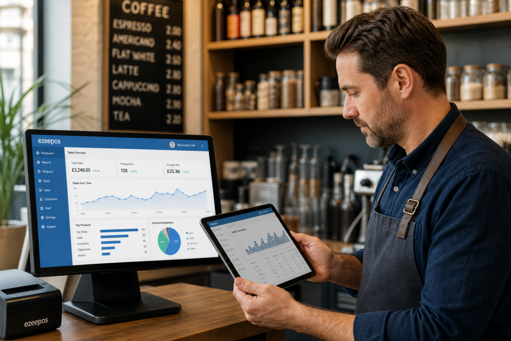 How Better Reporting Helps Small Businesses Make Smarter Day-to-Day Decisions, realistic photorealistic commercial photography of a UK independent cafe or retail shop counter with a business owner reviewing sales charts and trading reports on a modern ezeepos-style POS terminal and tablet, warm natural lighting, clean counter area, subtle blue brand accents on the screen interface, shelves and background softly blurred, professional UK business environment, shallow depth of field, premium but realistic composition, the technology clearly visible and central to the scene, showing a calm informed decision-making moment that reflects clearer daily reporting and smarter management, suitable as a WordPress featured image for a YCR Distribution blog post