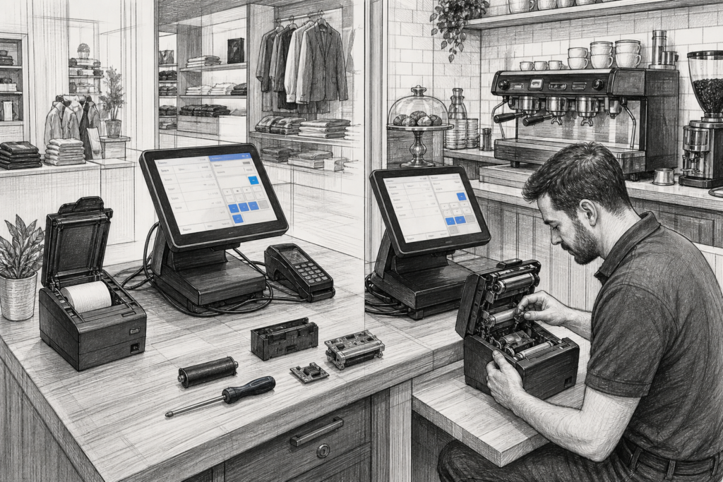 Pencil and ink illustration of serviceable POS hardware in a UK retail and café environment, showing a touchscreen terminal and receipt printer being maintained.