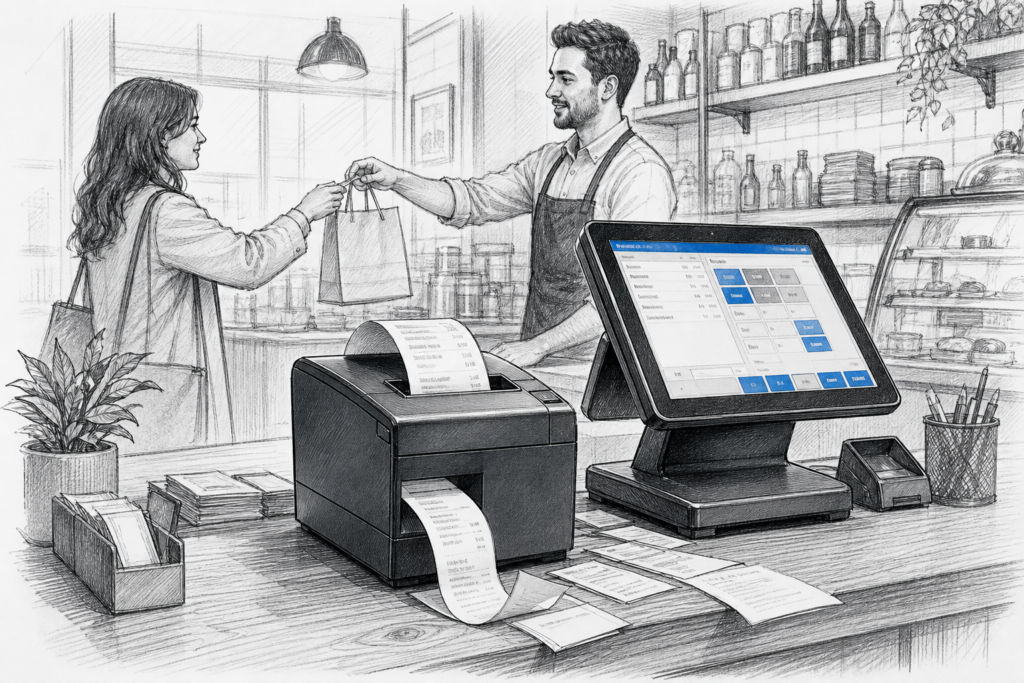 Black-and-white illustration of a thermal receipt printer beside a touchscreen EPOS terminal in a UK retail and hospitality setting.