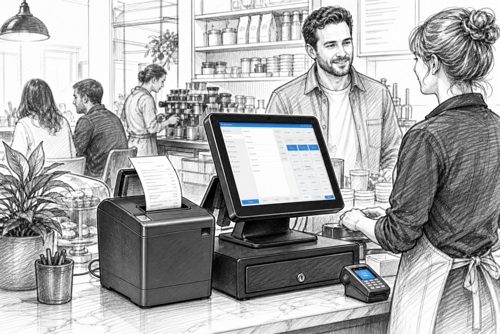 Black and white illustration of a thermal receipt printer beside a touchscreen EPOS terminal in a UK retail and hospitality counter setup.