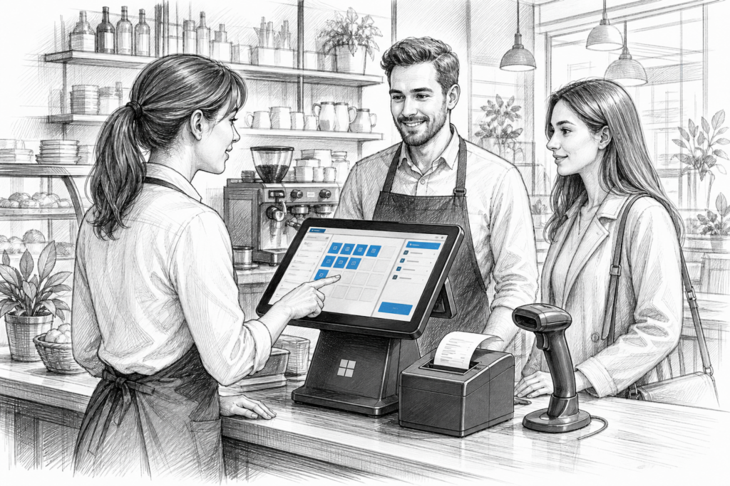 Black-and-white illustration of a Windows POS terminal at a UK retail or hospitality checkout for EPOS upgrades.