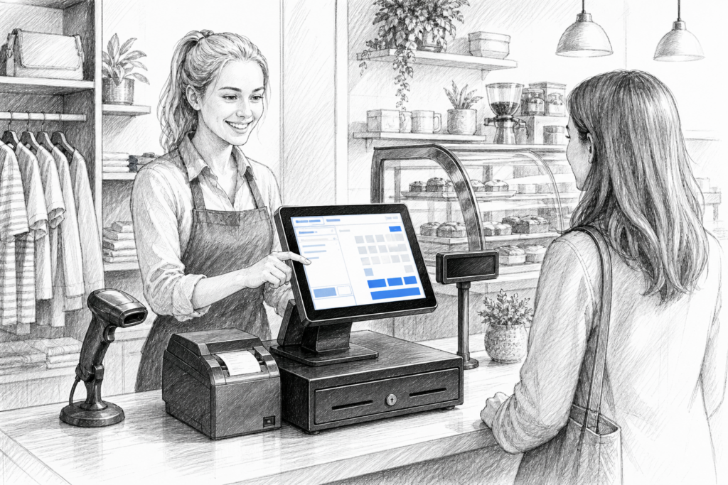 Black-and-white illustration of Windows POS terminals in a UK retail and hospitality EPOS installation