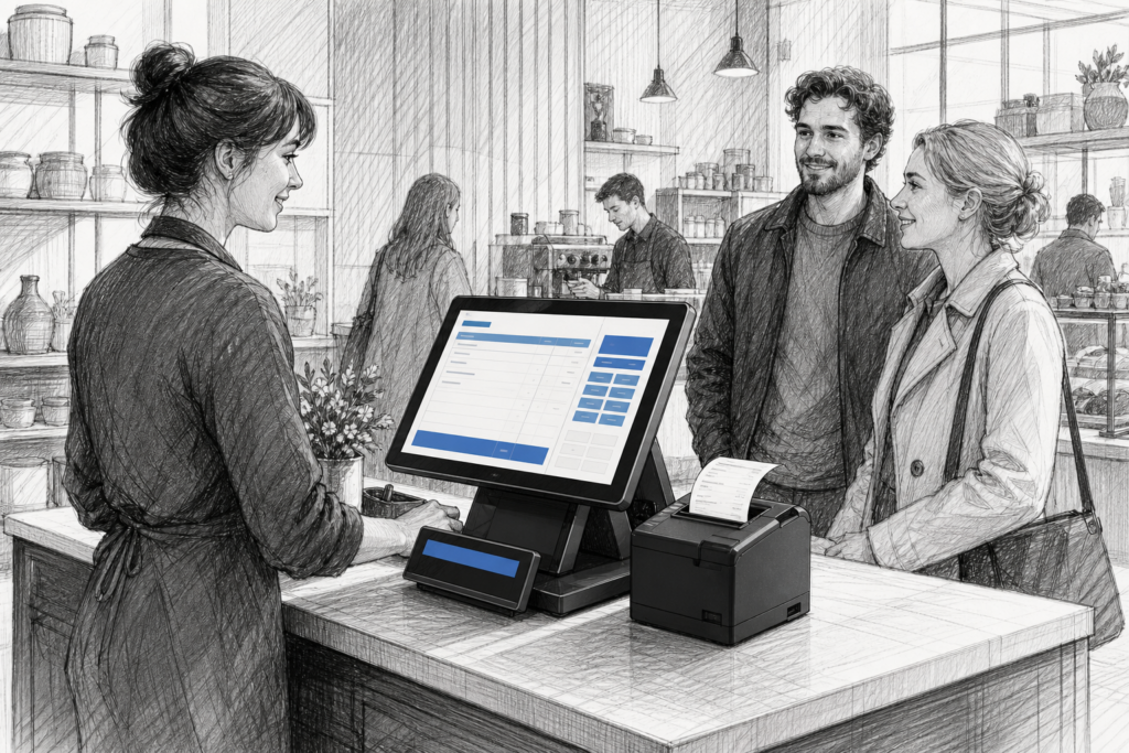 Black-and-white illustration of purpose-built POS hardware in a UK retail or hospitality checkout environment.