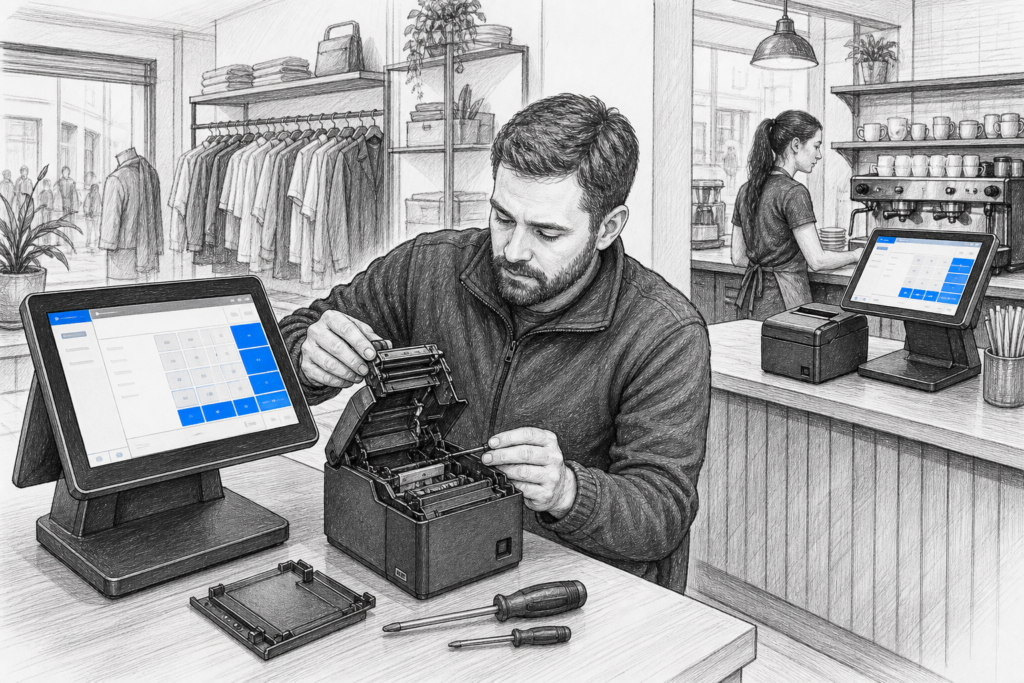 Black-and-white illustration of serviceable POS hardware in a UK retail and hospitality EPOS setting.