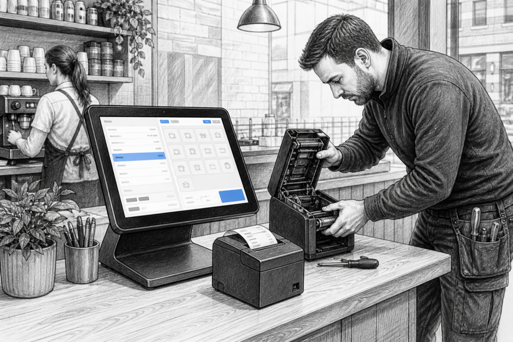 Black-and-white illustration of serviceable POS hardware in a UK retail or hospitality counter setting, showing a touchscreen terminal and receipt printer being maintained.