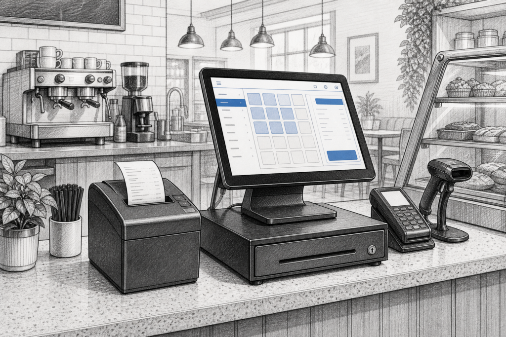 Black-and-white illustration of a thermal receipt printer in a UK retail and hospitality EPOS setup with a touchscreen POS terminal.