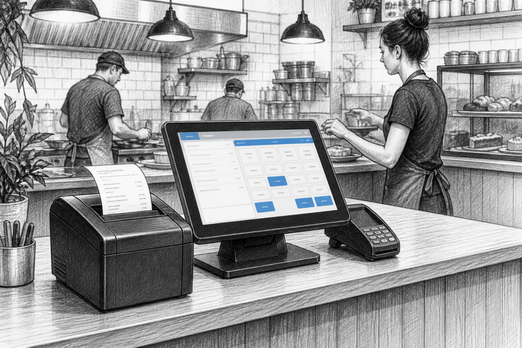 Black-and-white illustration of a thermal receipt printer beside a touchscreen POS terminal in a UK retail or hospitality setting.