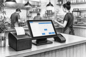 Black-and-white illustration of a thermal receipt printer beside a touchscreen POS terminal in a UK retail or hospitality setting.