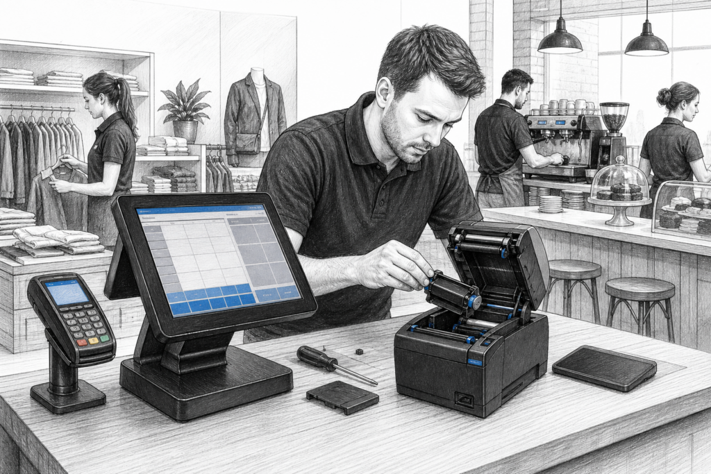 Black-and-white illustration of serviceable POS hardware in a UK retail and hospitality setting, showing a terminal and receipt printer being maintained.