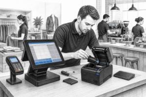 Black-and-white illustration of serviceable POS hardware in a UK retail and hospitality setting, showing a terminal and receipt printer being maintained.