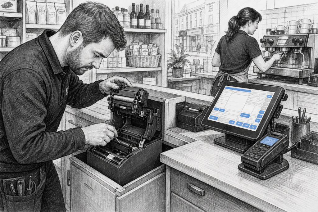 Editorial illustration of thermal receipt printer components being serviced in a UK EPOS environment
