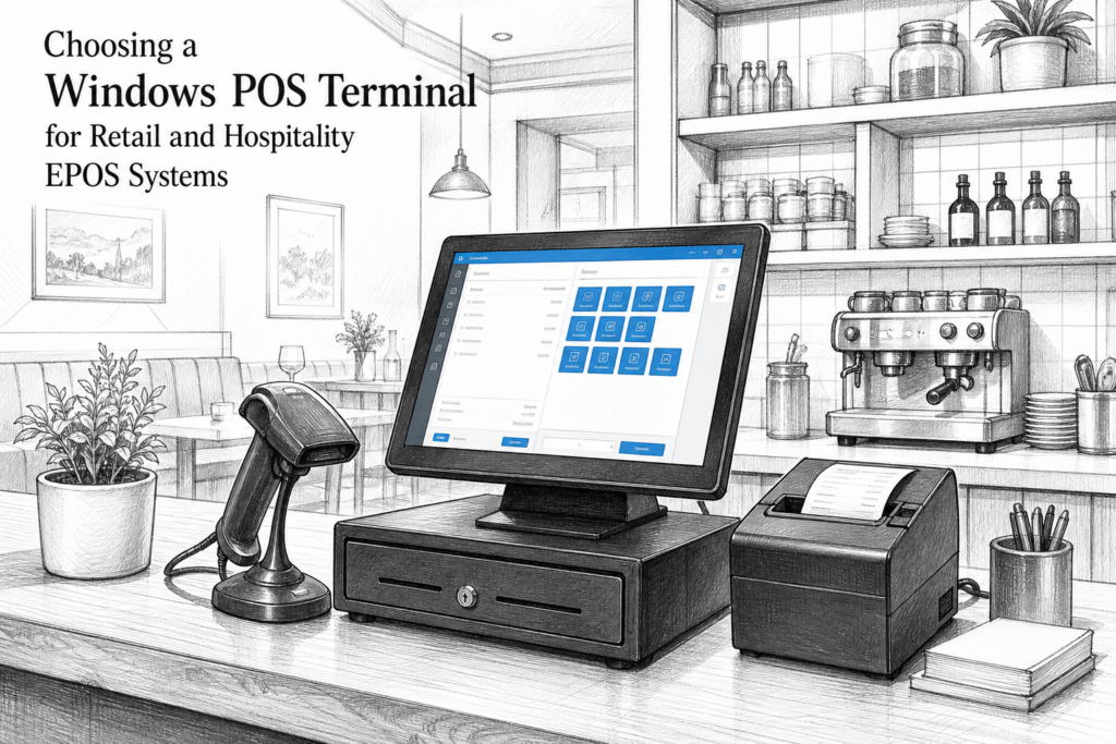 Black-and-white illustration of a Windows POS terminal in a UK retail or hospitality EPOS counter setting.