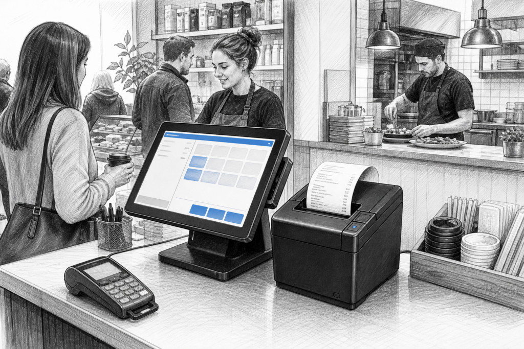Black-and-white illustration of a thermal receipt printer beside a touchscreen POS terminal in a UK retail and hospitality counter setting.