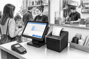 Black-and-white illustration of a thermal receipt printer beside a touchscreen POS terminal in a UK retail and hospitality counter setting.