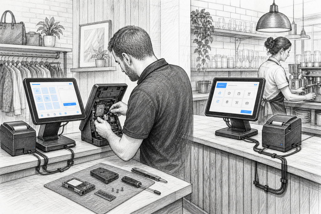 Editorial illustration of serviceable POS hardware in a UK retail and hospitality setting, showing maintenance and replacement components.