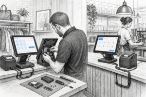 Editorial illustration of serviceable POS hardware in a UK retail and hospitality setting, showing maintenance and replacement components.