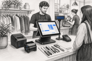 Black-and-white illustration of serviceable POS hardware in a UK retail and hospitality checkout environment, showing a touchscreen terminal and receipt printer.