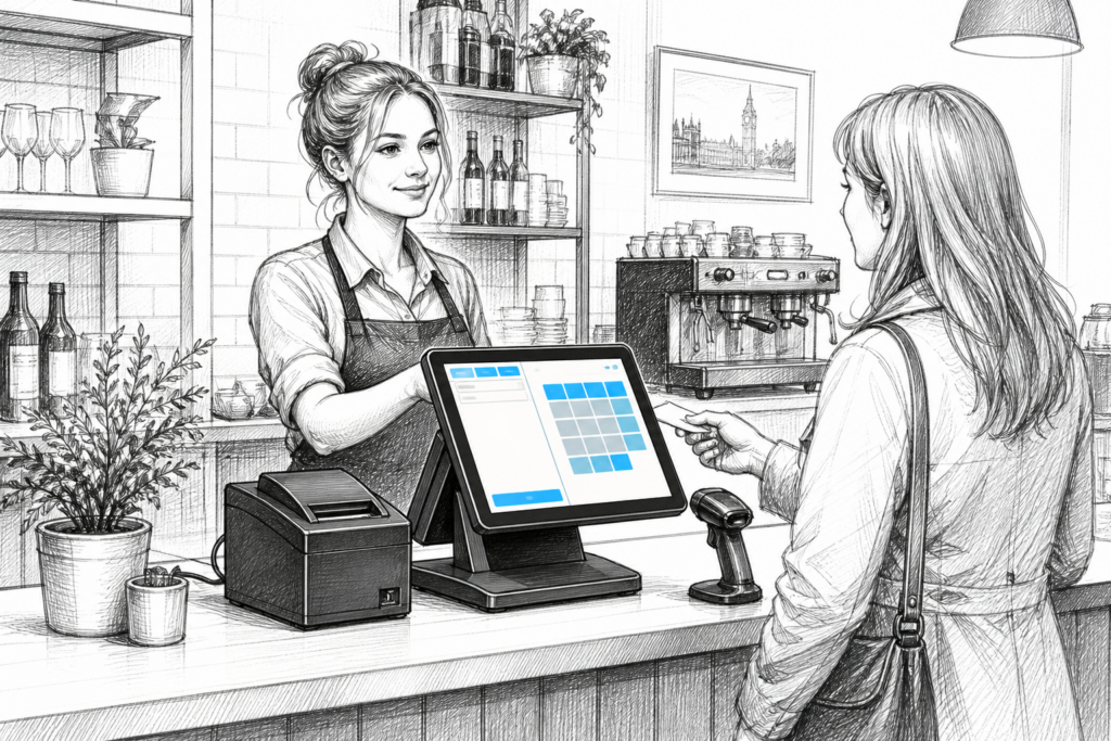 Black-and-white illustration of a Windows POS terminal in a UK retail or hospitality counter setting with printer and scanner.