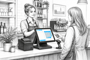 Black-and-white illustration of a Windows POS terminal in a UK retail or hospitality counter setting with printer and scanner.