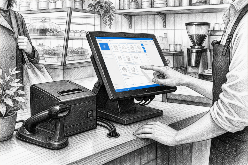 Illustration of a Windows POS terminal in a UK retail or café checkout with receipt printer and EPOS hardware