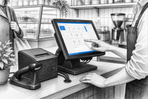 Illustration of a Windows POS terminal in a UK retail or café checkout with receipt printer and EPOS hardware
