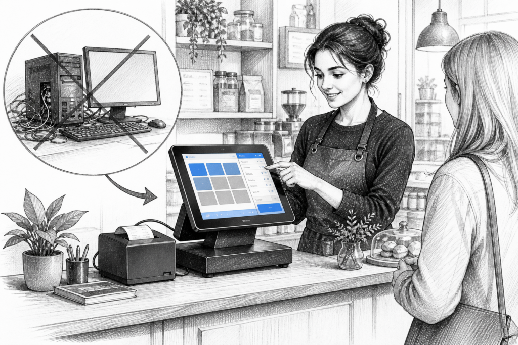 Editorial pencil illustration of a Windows POS terminal replacing a conventional PC at a UK checkout