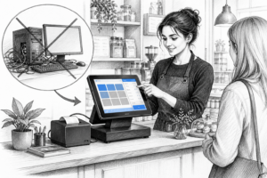 Editorial pencil illustration of a Windows POS terminal replacing a conventional PC at a UK checkout
