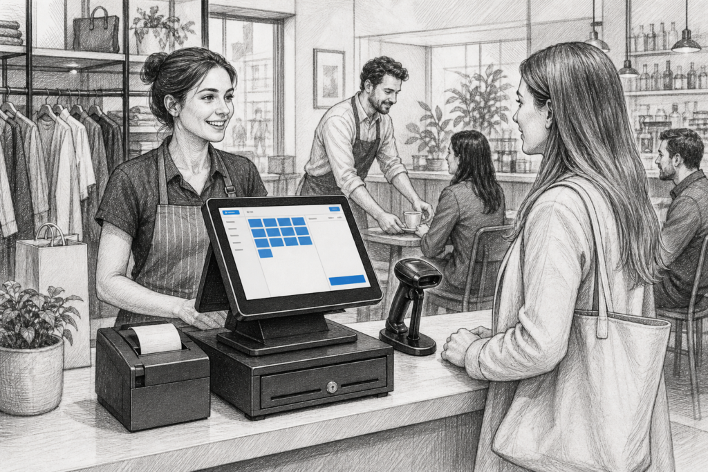 Black-and-white illustration of a Windows POS terminal in a UK retail and hospitality checkout setting