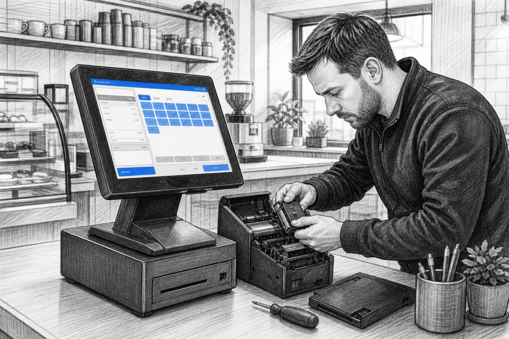 Black-and-white illustration of repairable POS hardware in a UK retail or café counter, showing a touchscreen terminal and receipt printer being serviced.