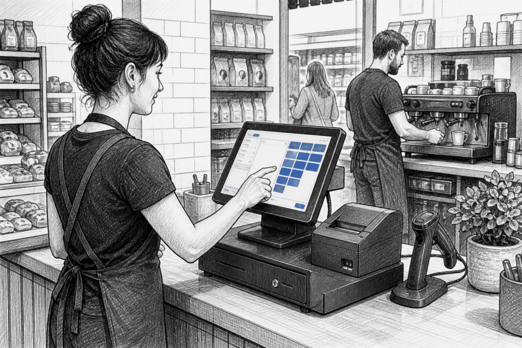 Black-and-white illustration of a Windows POS terminal in a UK retail or hospitality checkout setting