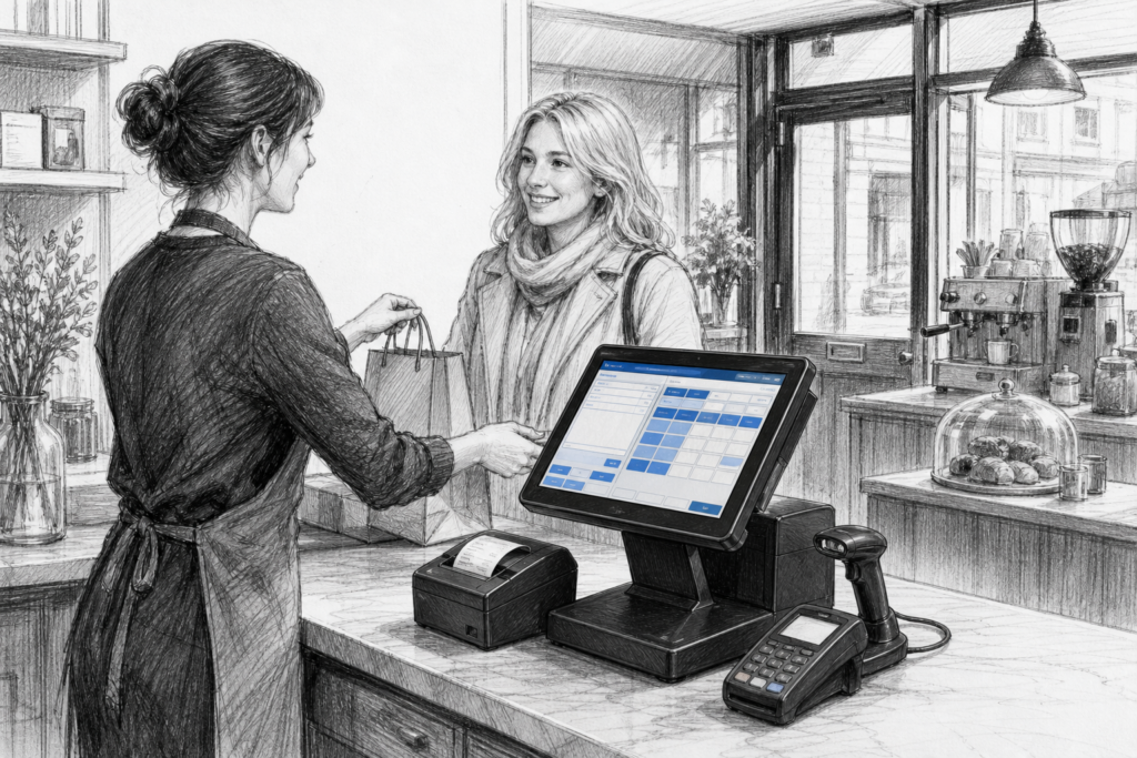 Black-and-white illustration of a Windows POS terminal in a UK retail and hospitality counter setup