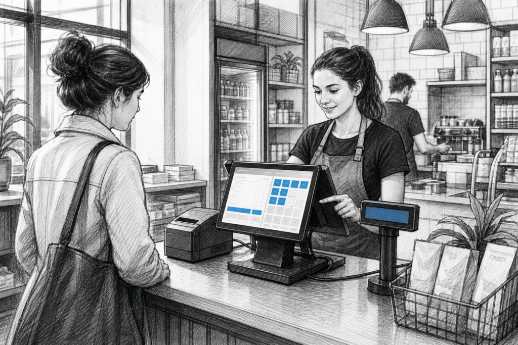 Editorial illustration of integrated POS hardware at a busy UK retail and hospitality counter