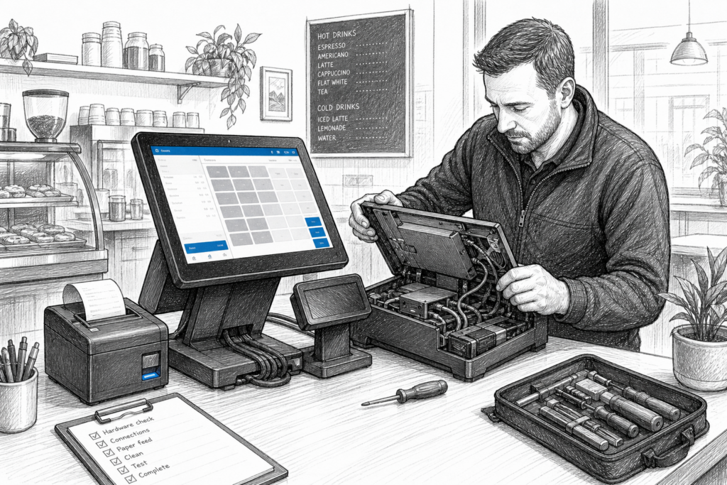 Editorial illustration of serviceable POS hardware in a UK retail and hospitality setting, showing a maintained EPOS terminal and receipt printer.
