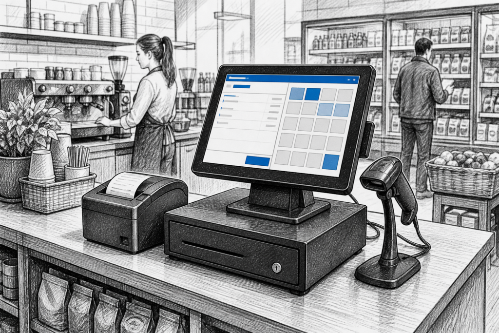 Black-and-white illustration of a Windows POS terminal in a modern UK retail checkout setting.