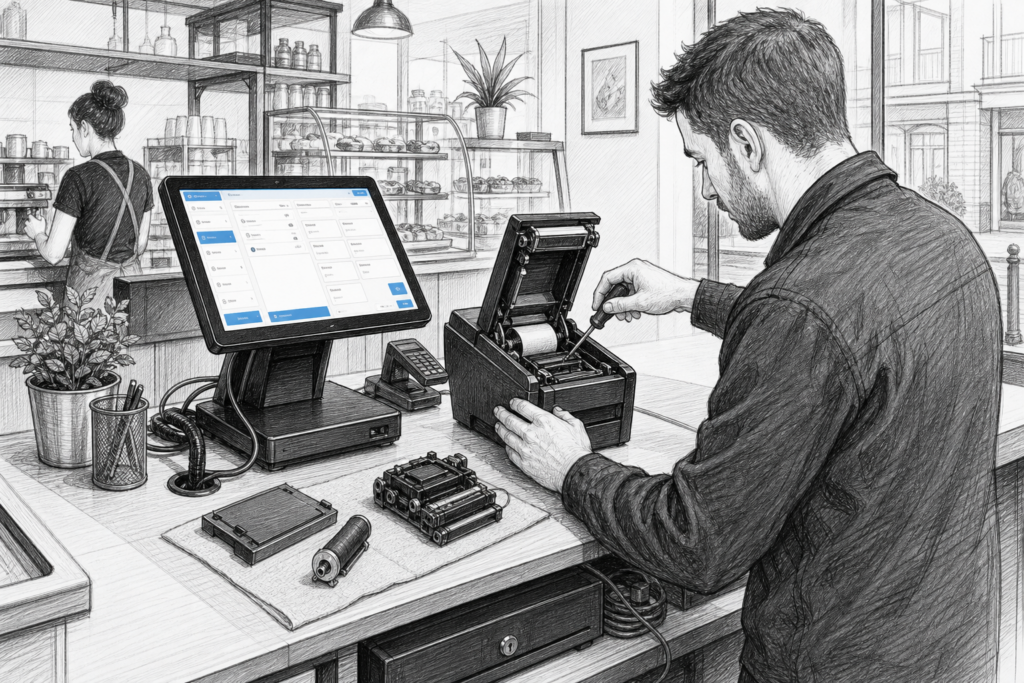Illustration of serviceable POS hardware being maintained in a UK retail or hospitality checkout setting