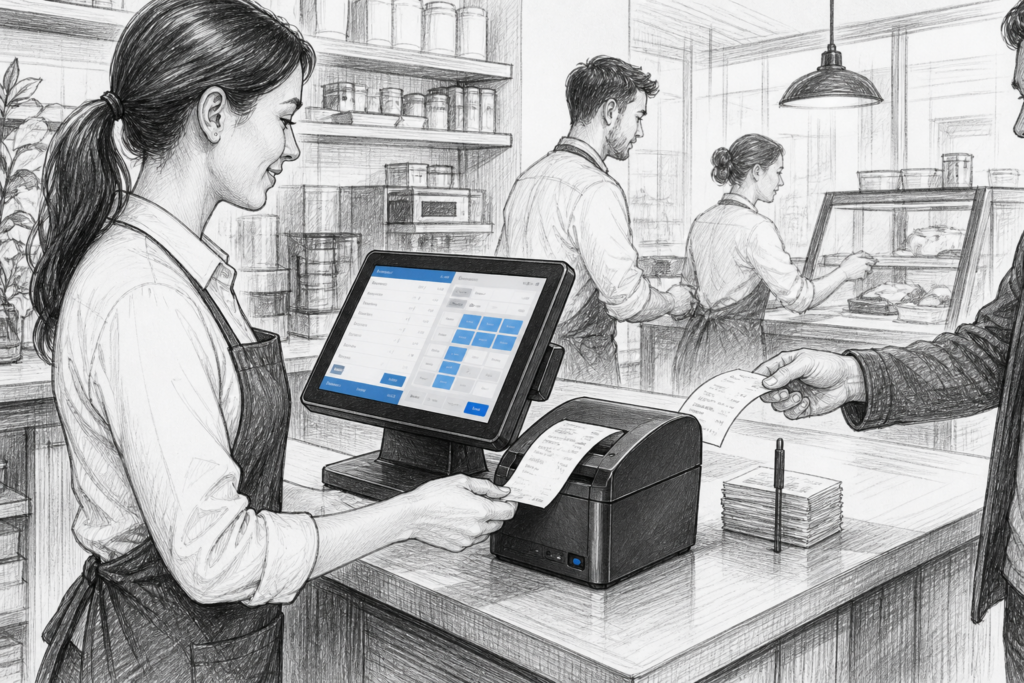 Black-and-white illustration of a thermal receipt printer beside a touchscreen POS terminal in a UK retail or hospitality setting.